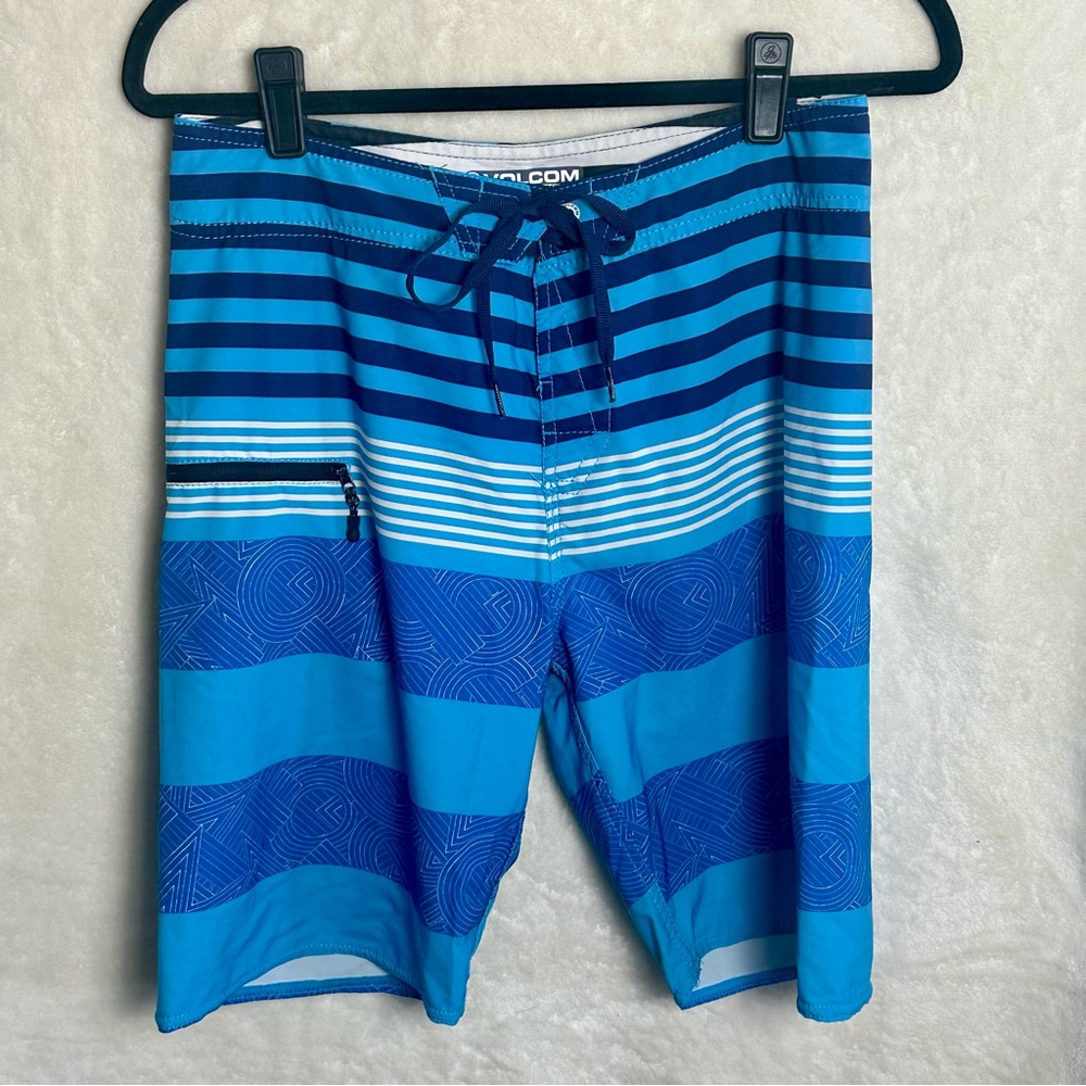 Volcom Lido Tito Mens Blue Striped Geometric Print Zip Pocket Boardshorts 30
